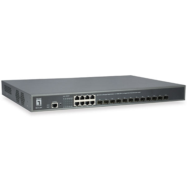 CONMUTADOR LEVELONE 20 PUERTOS L3 MANA 1000 12X10GBE SFP+,8XG RJ45, 2XPOW SUPL