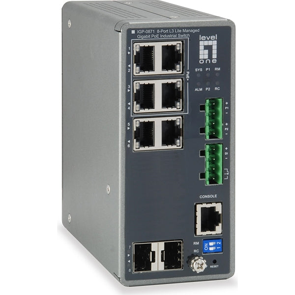 CONMUTADOR LEVELONE 8 PUERTOS L3 LITE GESTIONADO GBIT INDUSTRIAL 2 X SFP 4 POE 120W