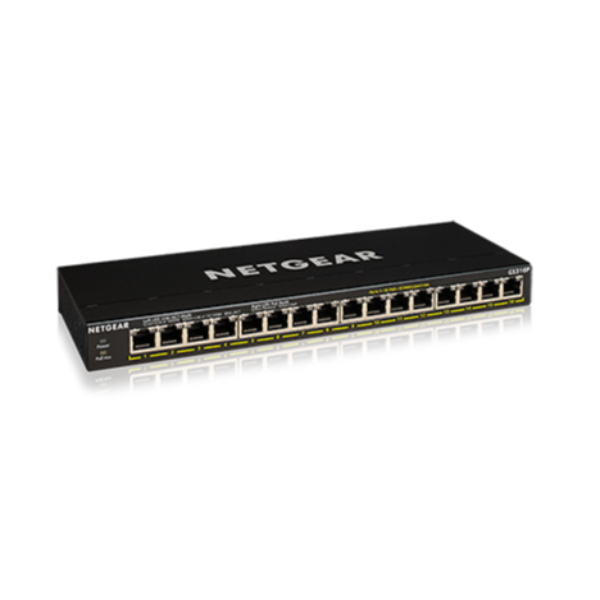 NETGEAR GS316P - Interruptor - sem gestão - 16 x 10/100/1000 (PoE+) - desktop, montável na parede - PoE+ (115 W)