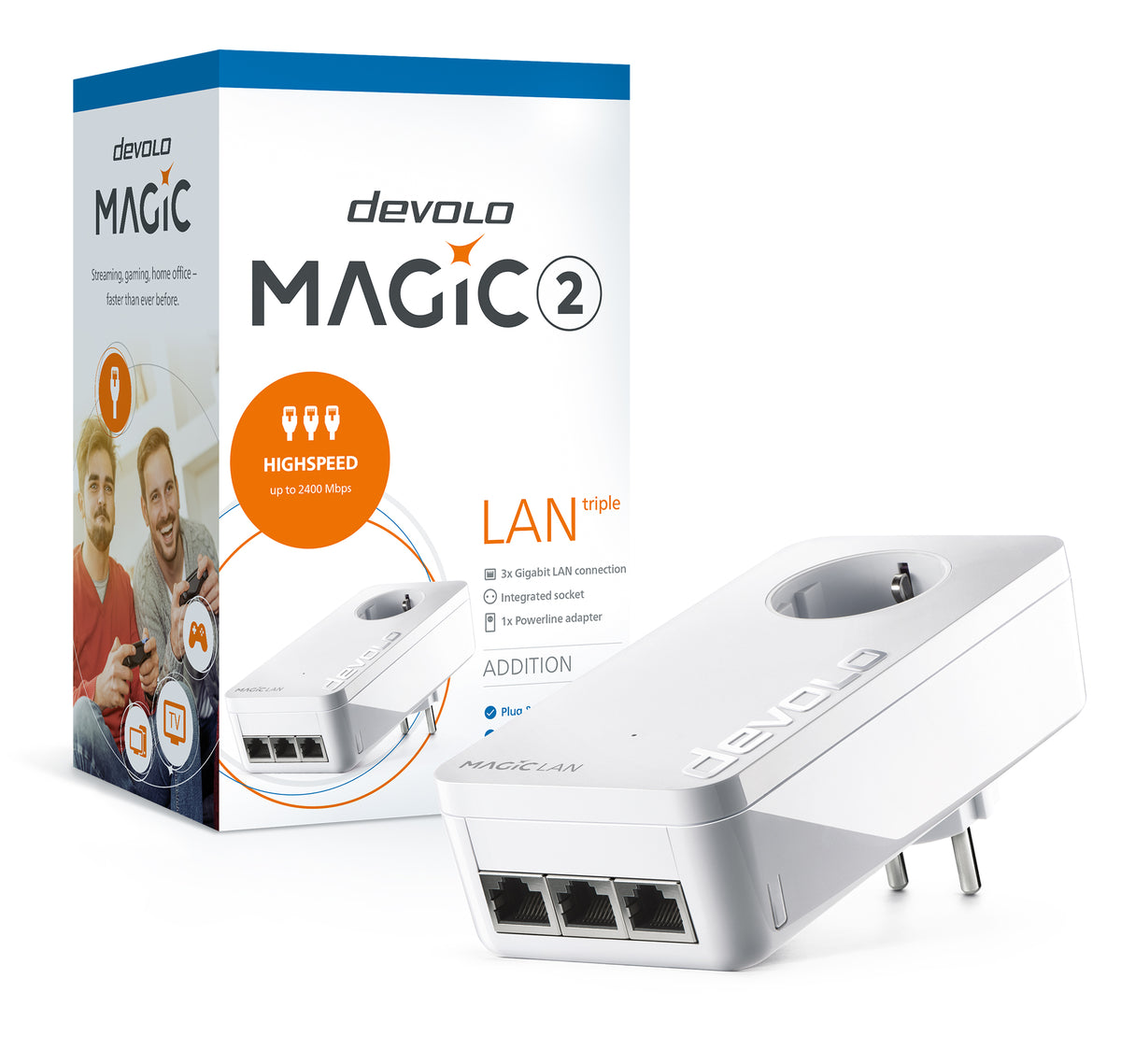 devolo Magic 2 LAN triple, Adap adicional, Velocidade PLC até 2400Mbps c/ 3 portas Gigabit - PT8509