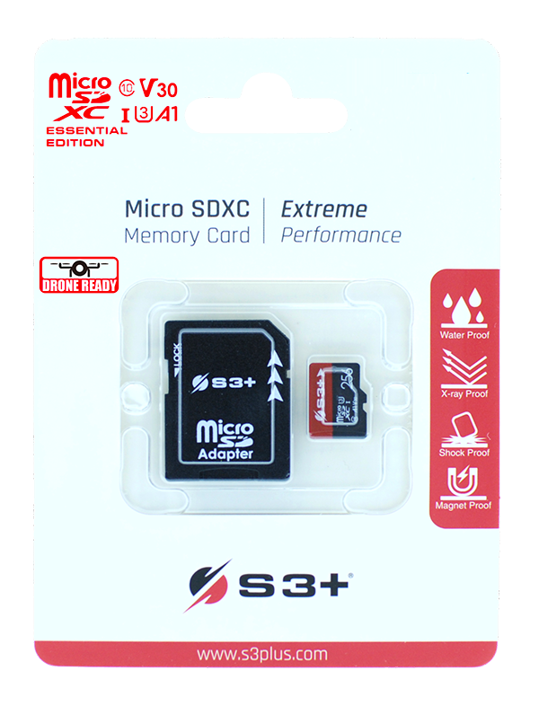 Micro SDXC Card S3+ 256GB UHS-I U3 V30 ESSENTIAL Class 10 with SD adapter
