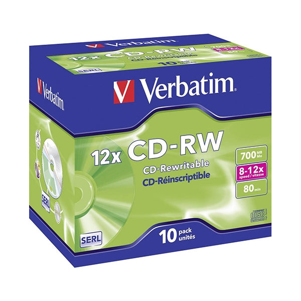 VERBATIM CD-RW 8X-12X 700MB 80MIN CAJA NORMAL (JOYA) PAQUETE 10