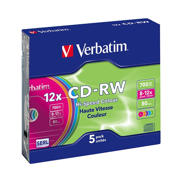 VERBATIM CD-RW 8X-12X 700MB 80MIN BOX SLIM COLOR PACK 5