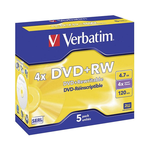 VERBATIM DVD+RW 4X 4.7GB 120MIN MATE PLATA CAJA NORMAL (JOYA) PACK 5