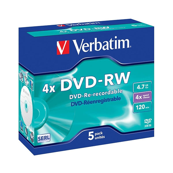 VERBATIM DVD-RW 4X 4.7GB 120MIN MATE PLATA CAJA NORMAL (JOYA) PACK 5