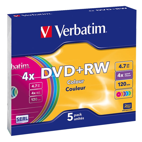 VERBATIM DVD+RW 4X 4.7GB 120MIN COLOR SLIM CASE (PACK 5)