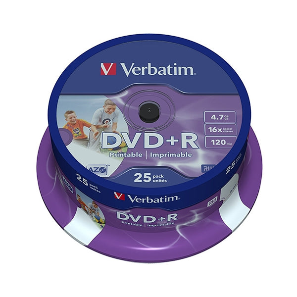 VERBATIM DVD+R 16X 4.7GB 120MIN BOBINA PLATA MATE (CAKE) PACK 25