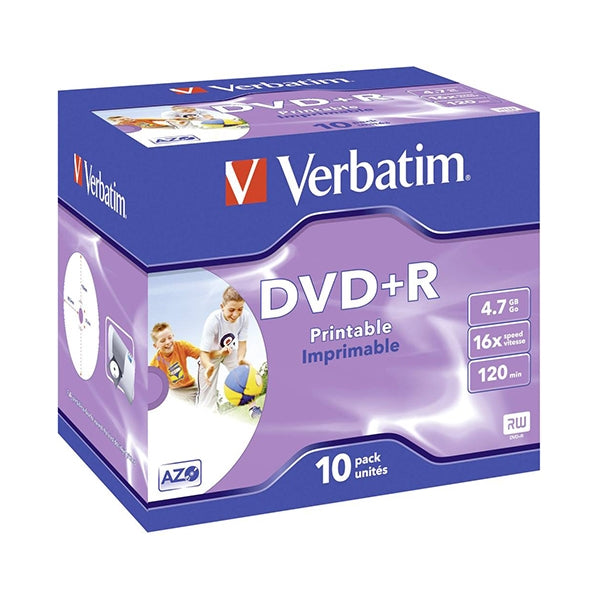 VERBATIM DVD+R 16X 4.7GB 120MIN INKJET PRINT NORMAL BOX (JEWEL) PACK 10