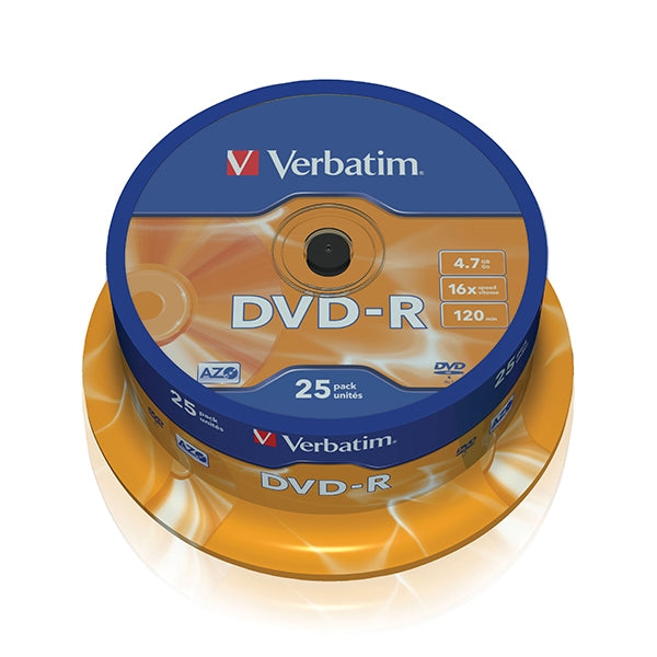VERBATIM DVD-R 16X 4.7GB 120MIN BOBINA PLATA MATE (CAKE) PACK 25