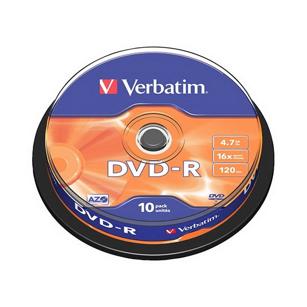 VERBATIM DVD-R 16X 4.7GB 120MIN BOBINA PLATA MATE (CAKE) PACK 10