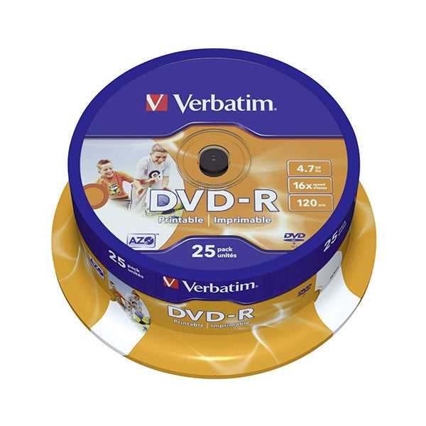 VERBATIM DVD-R 16X 4.7GB 120MIN INKJET PRINT COIL (CAKE) PACK 25