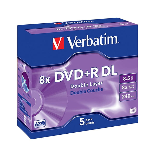 VERBATIM DVD+R 8X 8.5GB 240MIN DOBLE CAPA CAIXA NORMAL (JOYA) PACK 5