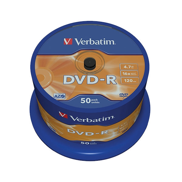 VERBATIM DVD-R 16X 4.7GB 120MIN BOBINA PLATA MATE (CAKE) PAQUETE 50