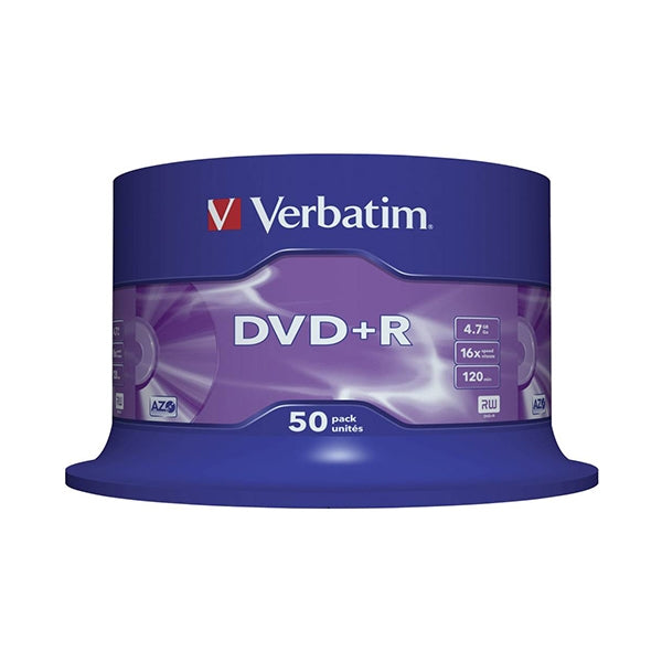 VERBATIM DVD+R 16X 4.7GB 120MIN MATT SILVER COIL (CAKE) PACK 50