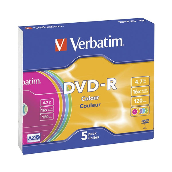 VERBATIM DVD-R 16X 4.7GB COLOR BOX SLIM PACK 5