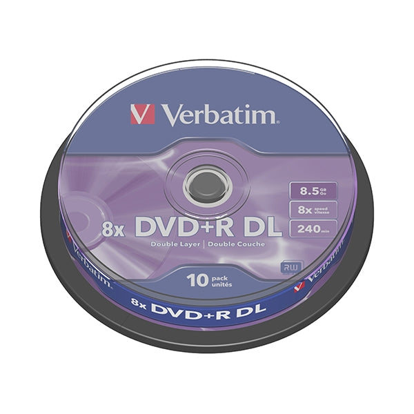 VERBATIM DVD+R 8X 8.5GB 240MIN DOBLE CAPA BOBINA (CAKE) PAQUETE 10