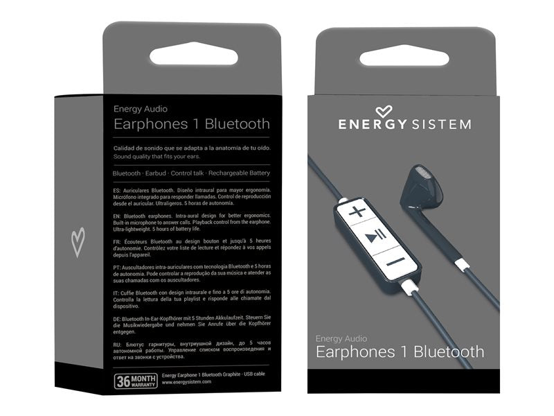 Energy Earphones 1 Bluetooth - In-Ear Headphones with Microphone - Ear Bud - Bluetooth - Wireless - Graphite