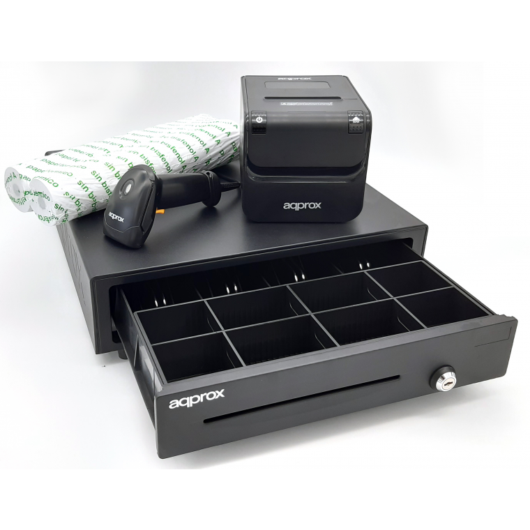 Paquete APPROX 4180 POS - Impresora POS80AMUSE + Cajón CASH01 + Escáner LS02AS + Rollo