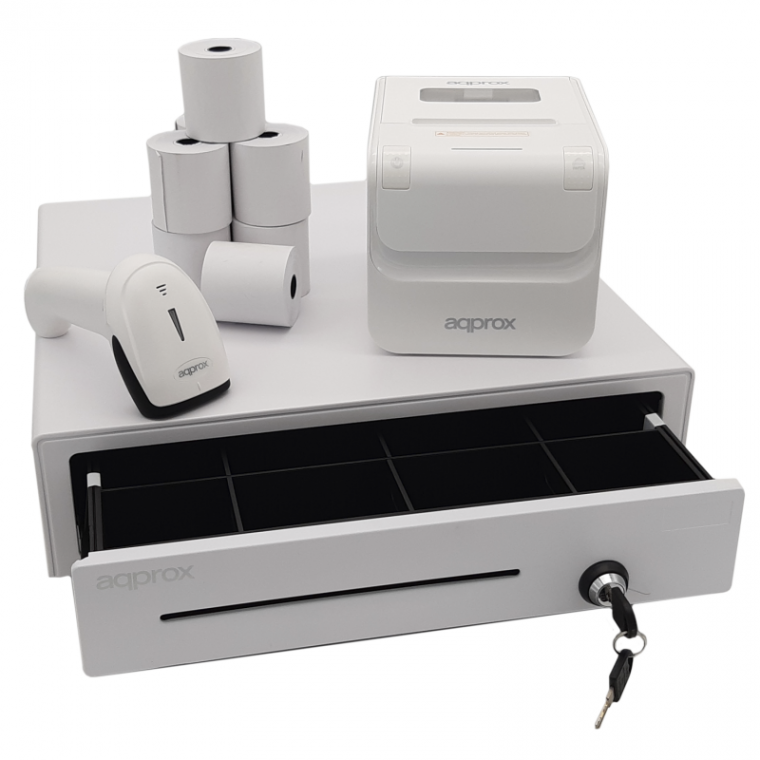 Pack TPV APPROX Blanco - Impresora POS80AMUSE + Cajón CASH01 + Escáner LS02AS + Rollo