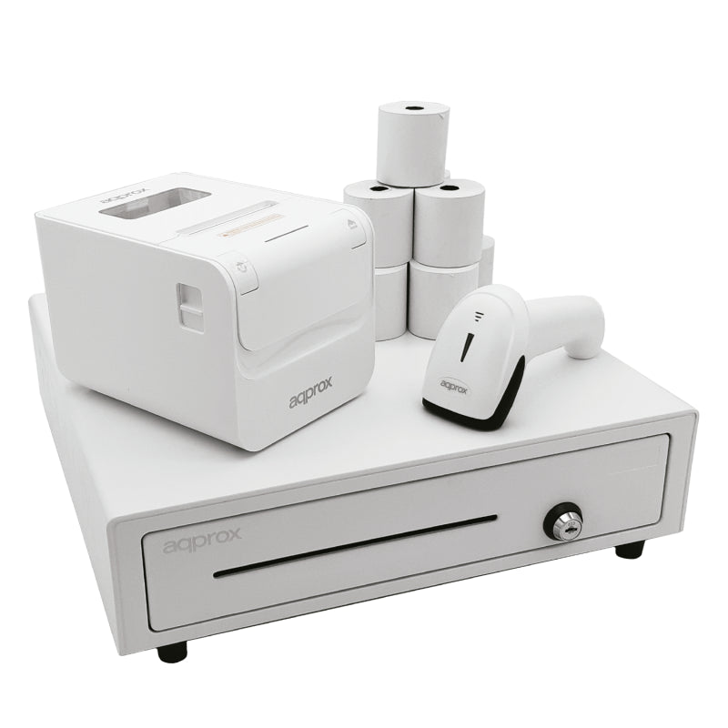Pack TPV APPROX Blanco - Impresora POS80AMUSE + Cajón CASH01 + Escáner LS02AS + Rollo
