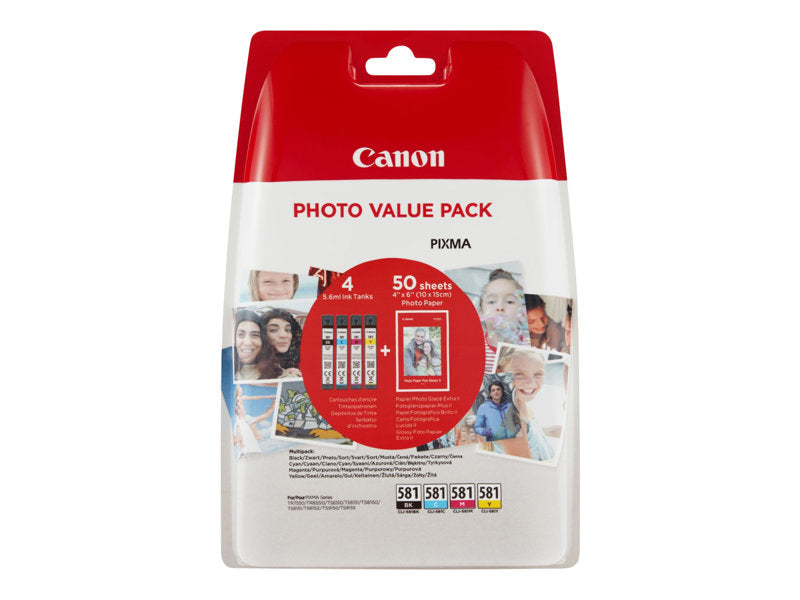 Canon CLI-581 C/M/Y/BK Photo Value Pack - Pack de 4 - 5.6 ml - preto, amarelo, azul cyan, magenta - original - kit tinteiro / papel - para PIXMA