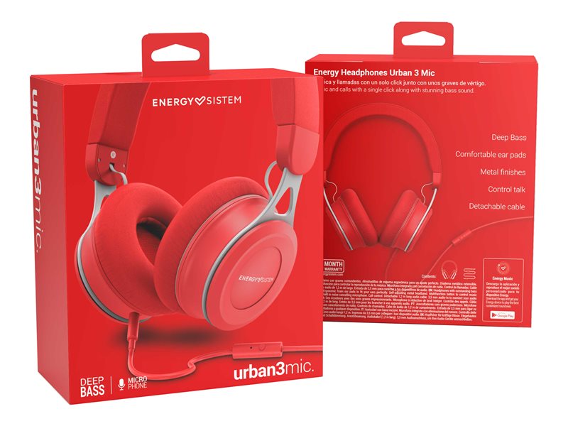 Energy Urban 3 Mic - Auriculares supraaurales con micrófono - Tamaño completo - Con cable - Conector de 3,5 mm - Rojo