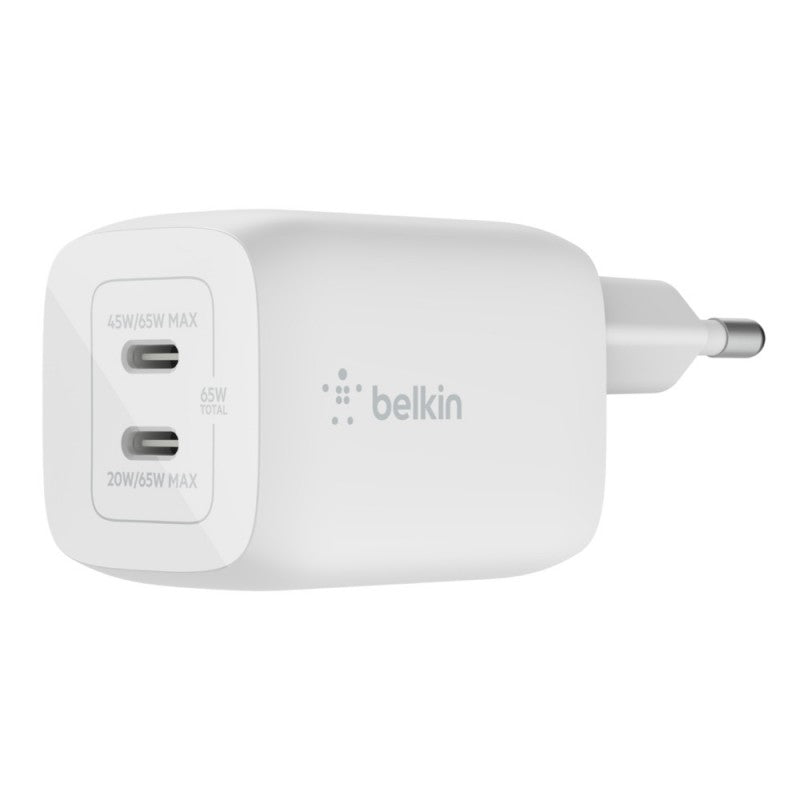 Belkin BOOST CHARGE PRO GaN - Adaptador de corriente - Tecnología PPS y GaN - 65 W - Carga rápida, PD 3.0 - 2 conectores de salida (2 x USB-C) - Blanco