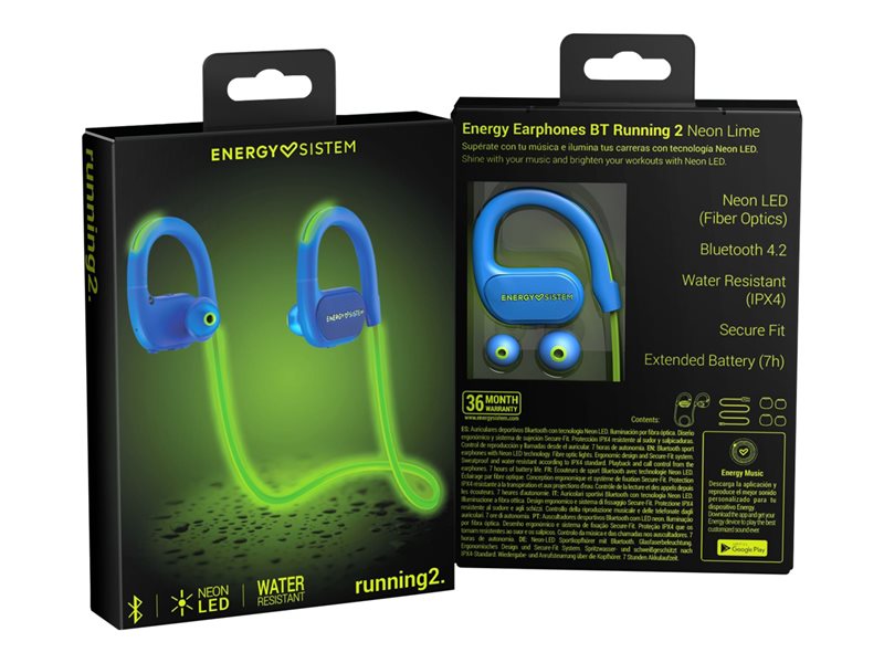 Energy Earphones BT Running 2 - Auriculares in-ear con micrófono - in-ear - over-ear mount - bluetooth - inalámbrico - verde neón