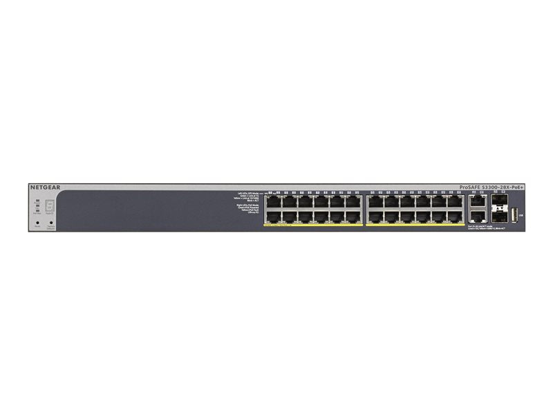 NETGEAR Smart S3300-28X-PoE+ - Conmutador - inteligente - 24 x 10/100/1000 (PoE+) + 2 x 10 Gb Ethernet + 2 x 10 Gb Ethernet SFP+ - montaje en carril - PoE+ (195 W) - CA 100/230 V ( GS728TXP -100NES)