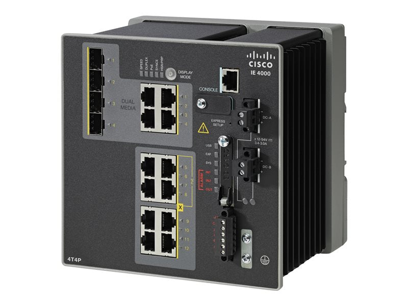 Cisco Industrial Ethernet 4000 Series - Switch - Administered - 4 x 10/100 + 4 x 10/100 (PoE+) + 4 x Gigabit SFP combo - DIN rail mountable - PoE+ - DC power - Compatible with TAA (IE-4000-4T4P4G -AND)