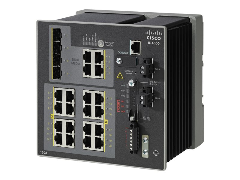 Cisco Industrial Ethernet 4000 Series - Interruptor - Administrado - 8 x 10/100/1000 + 8 x 10/100/1000 (PoE+) + 4 x combo Gigabit SFP - montável em trilho DIN - PoE+ - DC power - Compatível com TAA