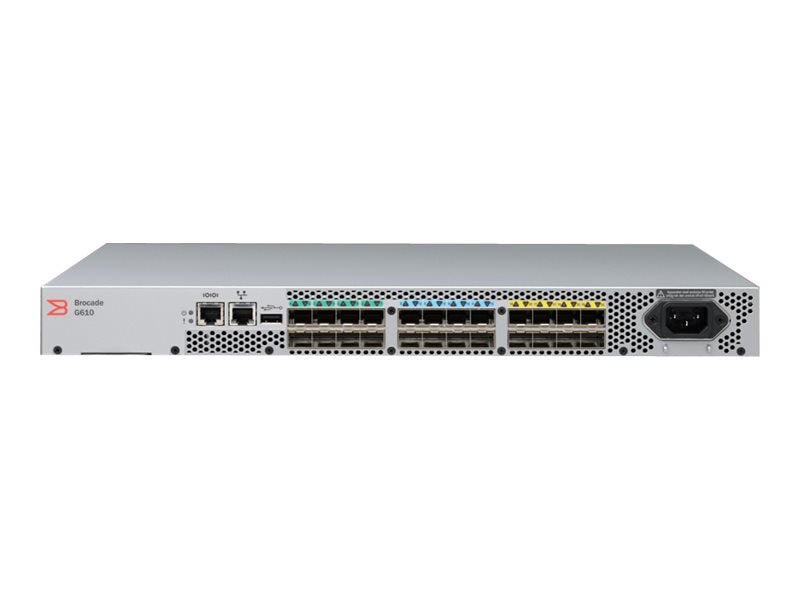 Brocade G610 - Switch - Managed - 8 x 32Gb Fiber Channel SFP+ - 'back to front' airflow - rail mountable - with 8 x 16 Gbps SWL SFP+ transceiver (BR-G610-8-16G-0)