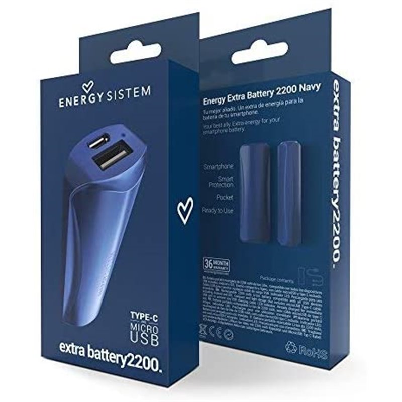 Energy Extra Battery 2200 - Portable Charger - 2200 mAh - 1 A (USB) - On Cable: Micro-USB, USB-C - Navy Blue