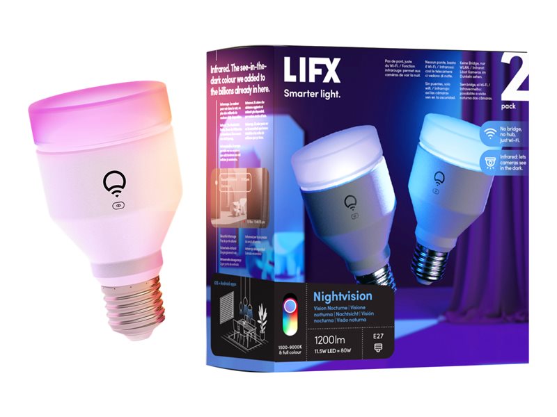 LIFX Nightvision - Bombilla LED - forma: A60 - E27 - 11,5 W (equivalente a 80 W) - clase F - multicolor/luz blanca cálida a fría - 1500-9000 K - blanco (paquete de 2)