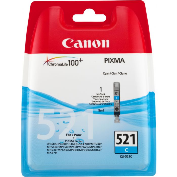 Canon CLI-521C - 9 ml - azul cyan - original - blister com segurança - tanque de tinta - para PIXMA iP3600, iP4700, MP540, MP550, MP560, MP620, MP630, MP640, MP980, MP990, MX860, MX870