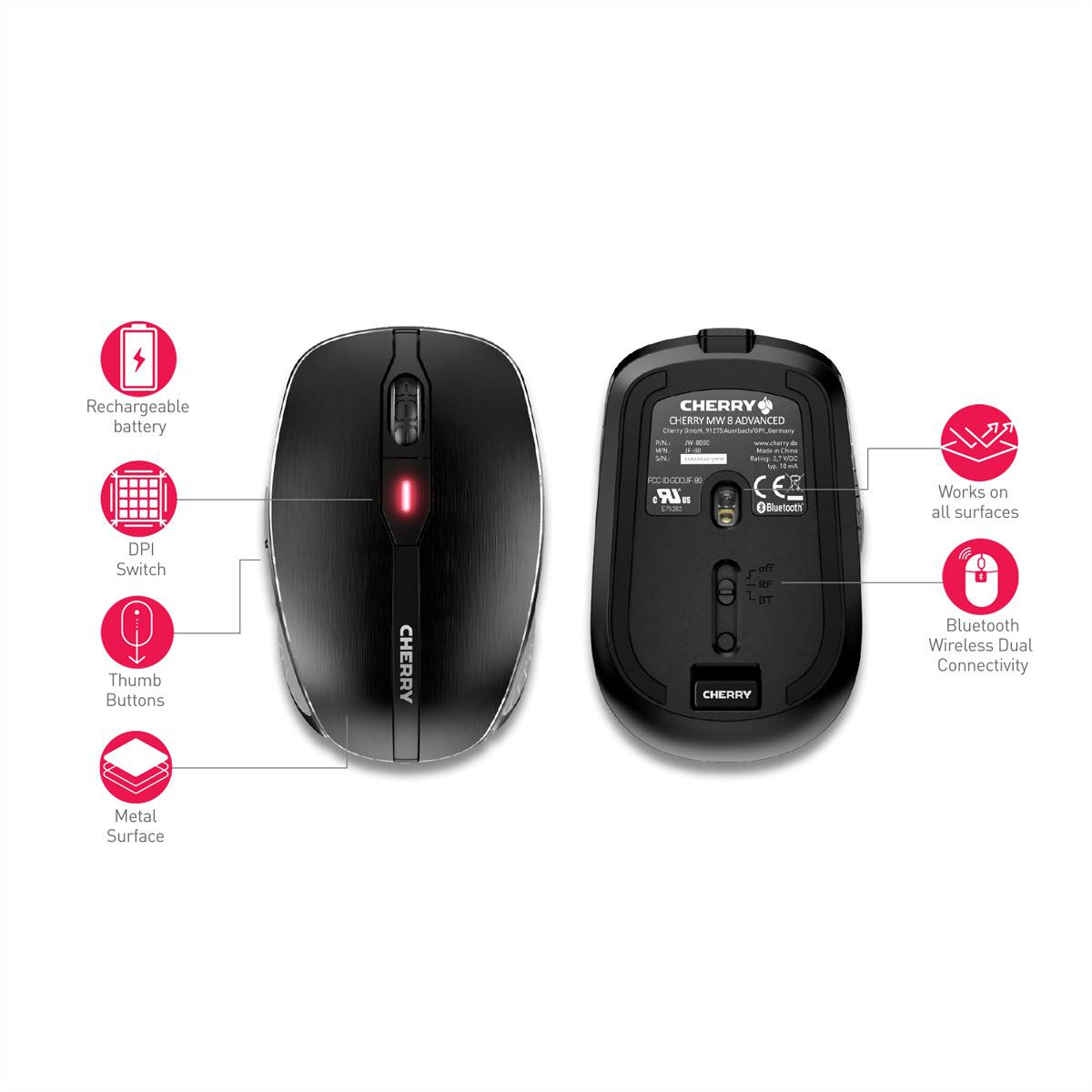 CHERRY MW 8 Advanced - Mouse - ergonomic - optical - 6 buttons - wireless - 2.4 GHz - USB wireless receiver - black