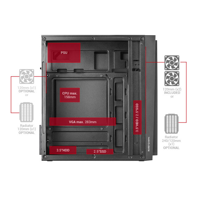 BOX MARS GAMING MCDUO MICRO-ATX CASE, 2X FRGB FAN, WINDOW, MESH, WATERCOOLING, BLACK (MCDUO)