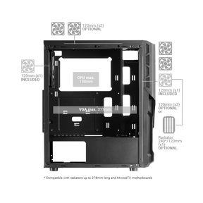 Caixa MARS GAMING MC-X2 ATX CASE, METAL FRONT, 2X12CM FRGB FAN, WINDOW, USB3.0, WHITE (MCX2W)