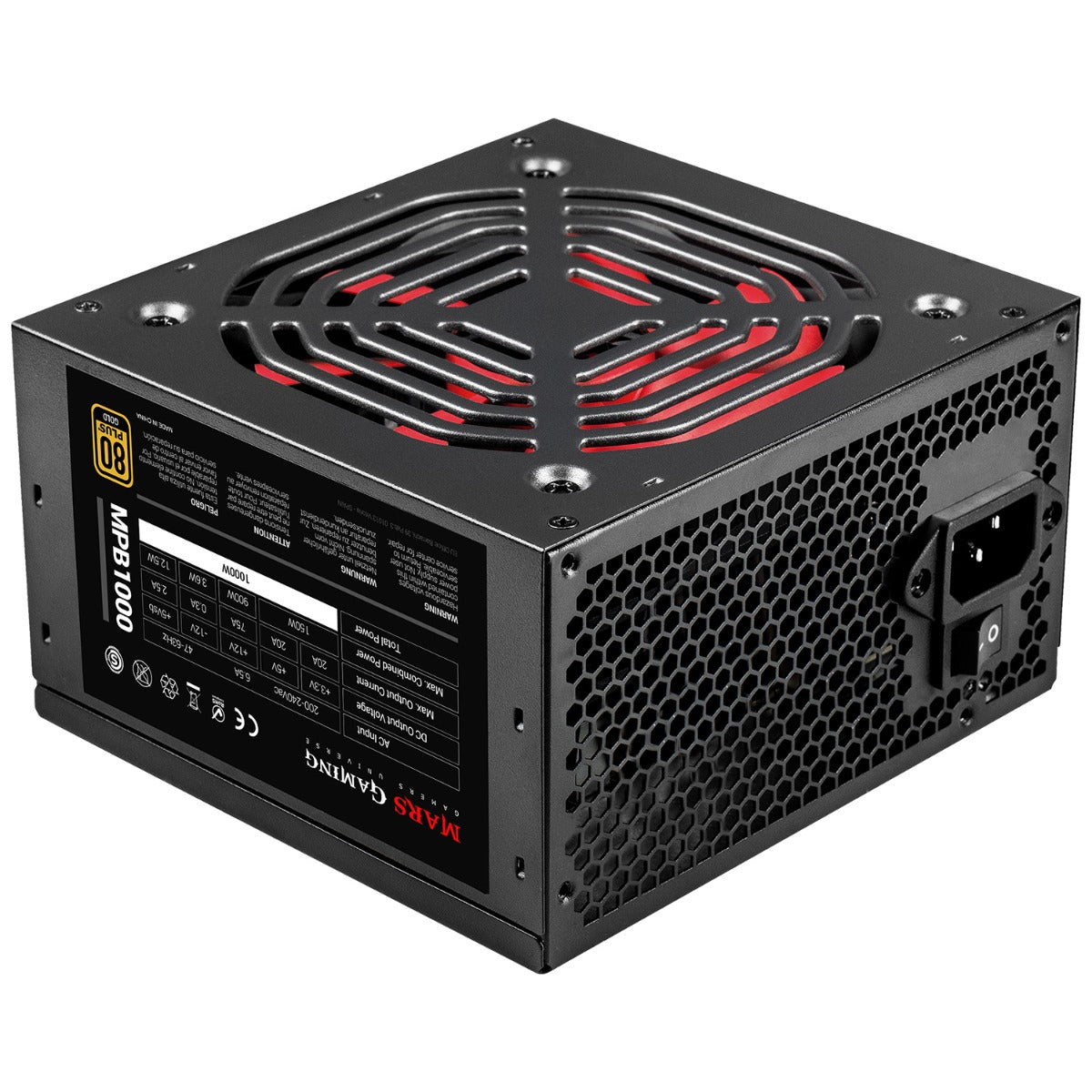 FUENTE MARS GAMING MPB 1000W 80PLUS GOLD +90%, SILENT RPM 10DB, CABLES LARGOS NEGROS (MPB1000)