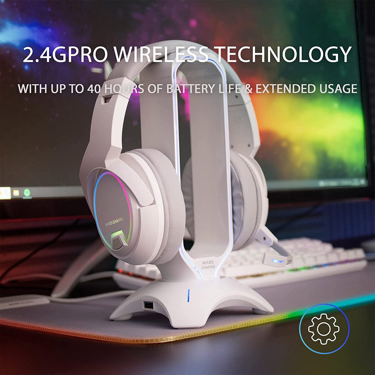 Auscultadores MARS GAMING MHW-100 WIRELESS ARGB HEADPHONES, DETACH MIC, ENC NOISE CANCEL, WHITE (MHW100W)